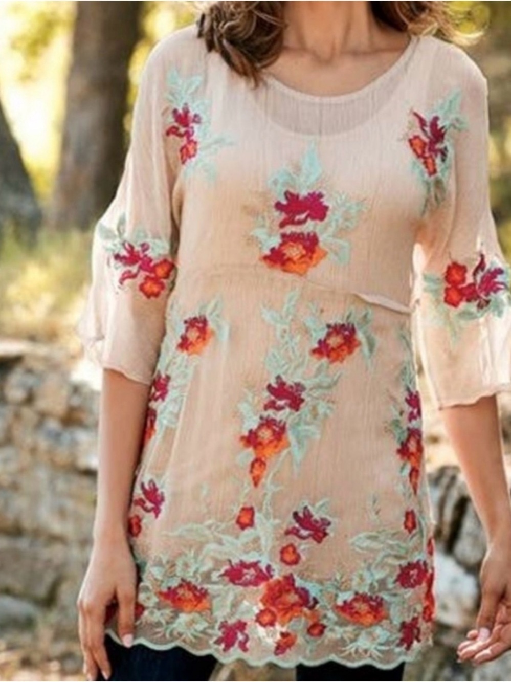 Soft Surroundings Mariella Sheer Embroidered Silk Tunic With Tank
